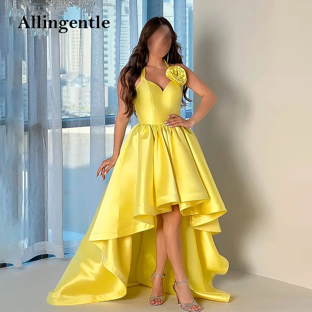 

Yellow Halter Satin Prom Dress Floor Length Elegant Hi-Lo Formal Occasion Arabia Evening Dress فساتين سهرة Customized