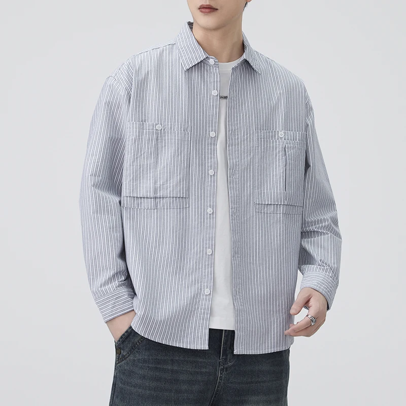 

Cityboy Pure Cotton Stripe Long Sleeve Cargo Shirt Men Loose Casual Japanese Streetwear Fashion Cargo Shirts Coat Blouses