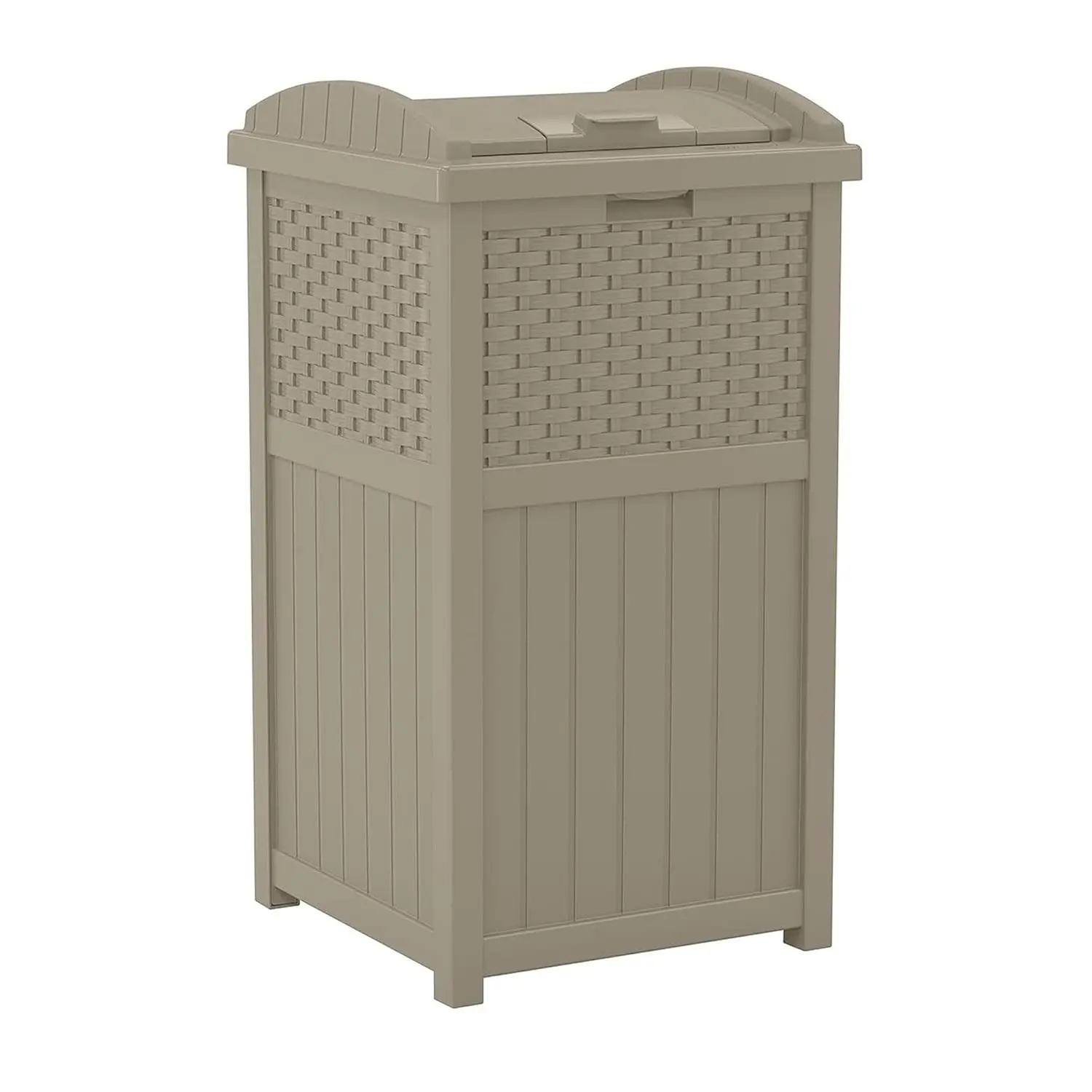 Wicker Resin Outdoor Hideaway Trash Can with Latching Lid for Use in Backyard, Deck, or Patio, Dark Taupe
