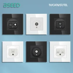 BSEED EU Standrad Wall Power Socket TV Plug RJ45 Internet Socket Satellite Outlet Glass Panel TV Telephone Computer