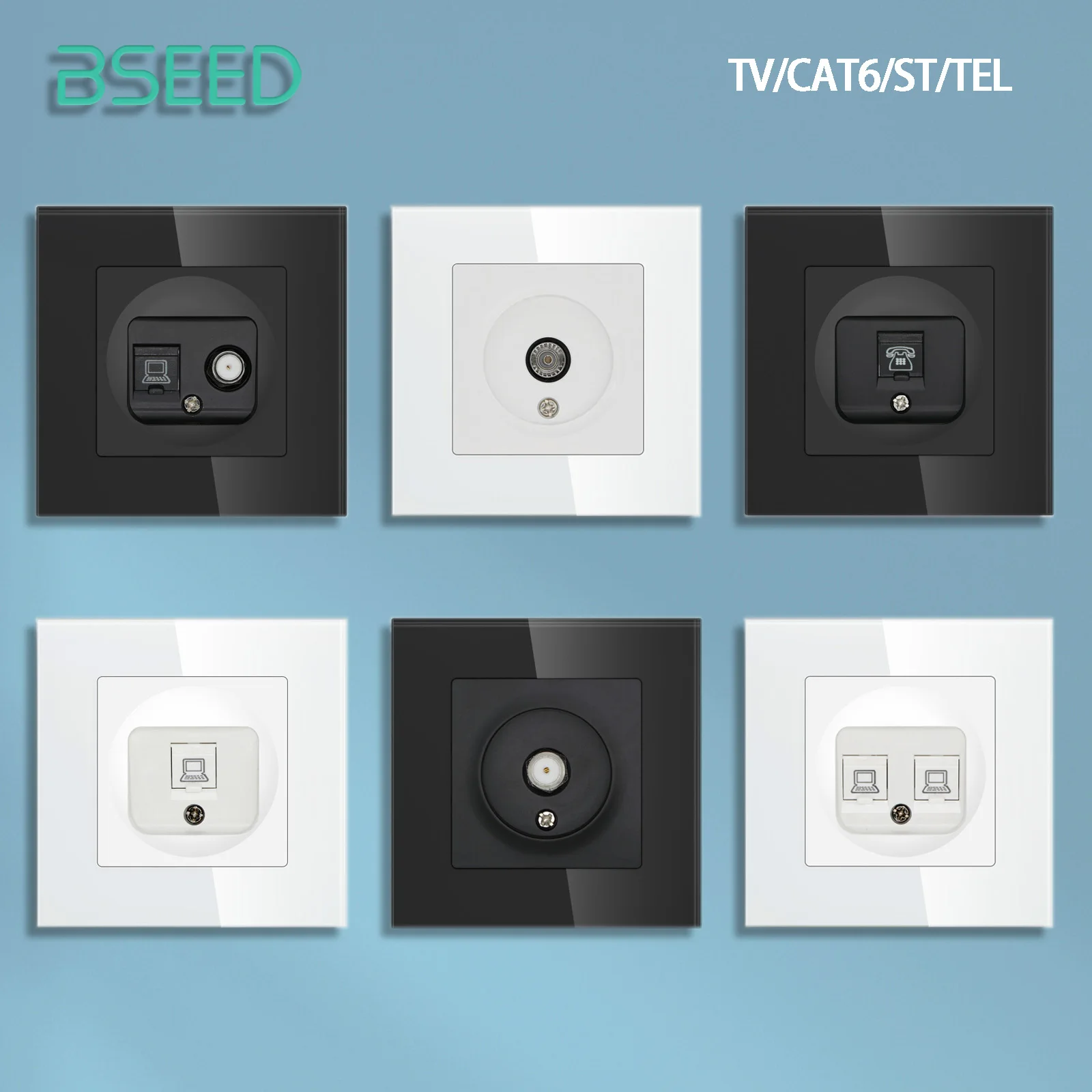 BSEED EU Standrad Wall Power Socket TV Plug RJ45 Internet Socket Satellite Outlet Glass Panel TV Telefon Komputer