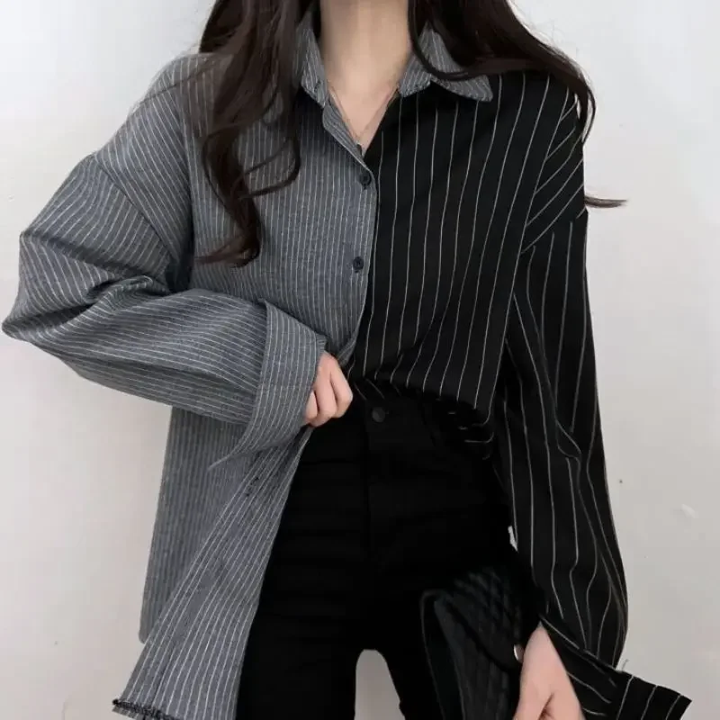 Fashion Striped Patchwork Korean Casual Blouse Women Long Sleeve Single-breasted Popularity Wild  Lady Shirt X917