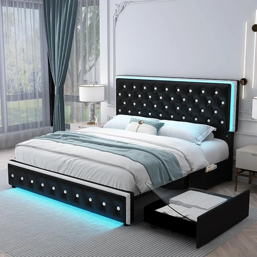 

Led Bed Frame with 2 Drawers, Modern Storage Platform Queen Size Upholstered Bed with Crystal Button Tufted Headboard, Solid