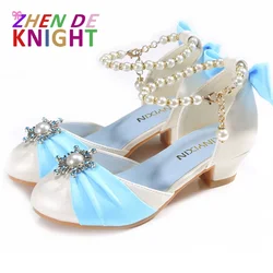 Kids Leather Shoes for Girls Knot Banquet Party Children High Heel Shoe for Kids Girls Sandals Student Crystal Princess Shoes