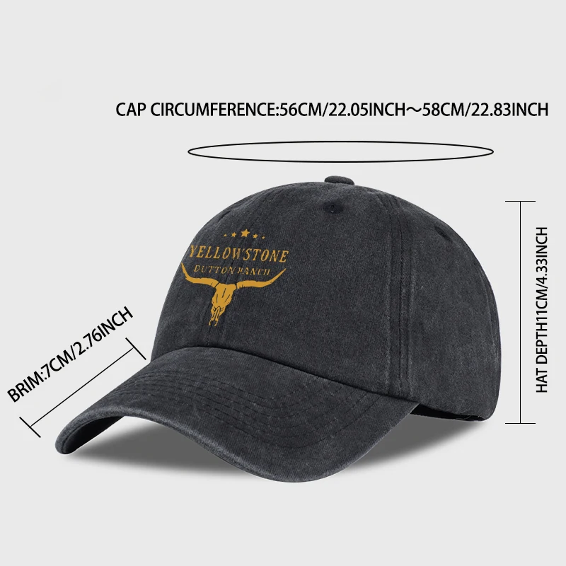 MLFO Adjustable vintage baseball cap featuring the Yellowstone Dutton Ranch design—antique black finish, unisex casual style