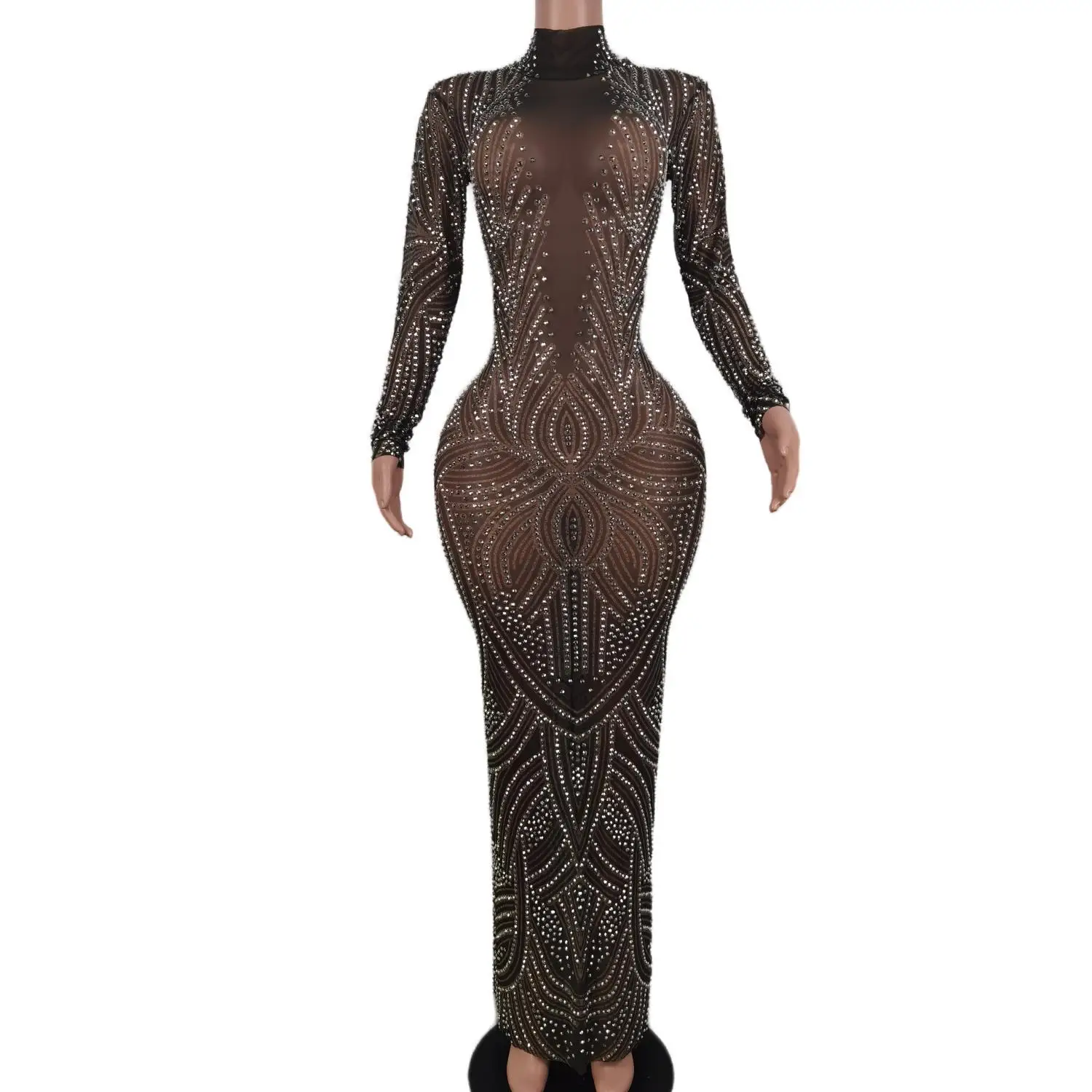 Vestido Sexy Long Sleeves Crystal Dinner Gowns Elegant Prom Dress Party Night Club Dress Women Long Formal Wedding Evening Dress