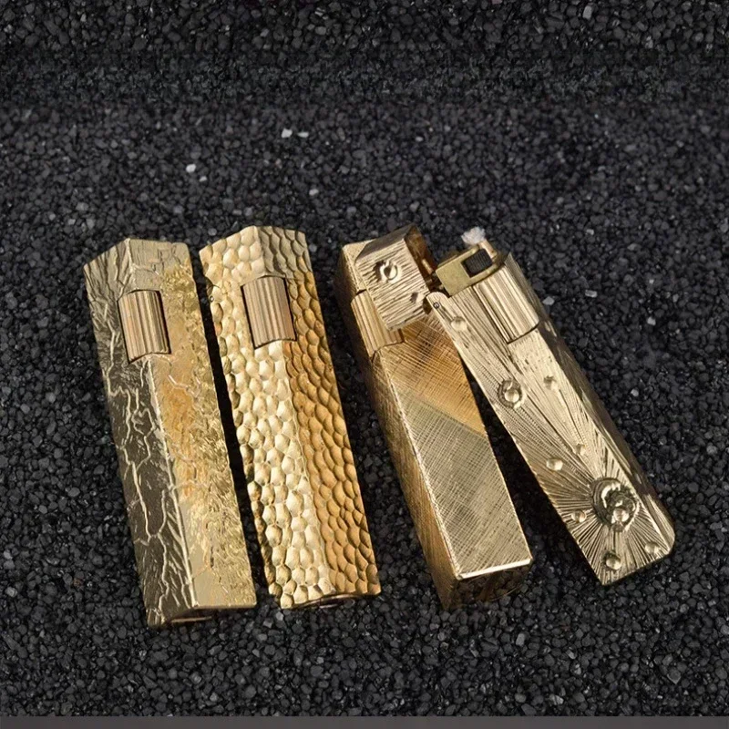 Handmade Retro Pure Copper Kerosine Lighter Small Square Side‑wheel Hand‑Carved Vintage Cigarette Lighter Smoking Collectible