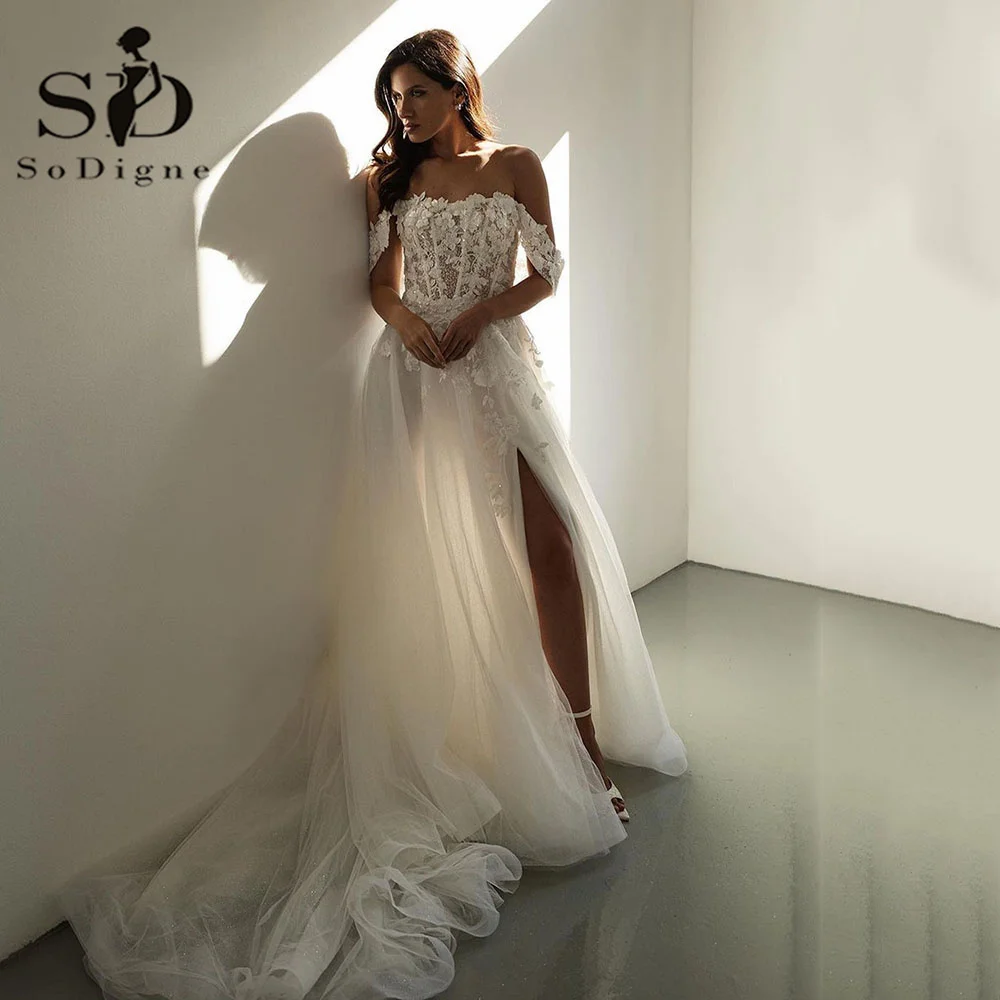 SoDigne Luxury Wedding Gowns 2024 Off The Shoulder 3D Flower Lace Sexy Side Split Bride Dresses Glitter Wedding Dress For Women