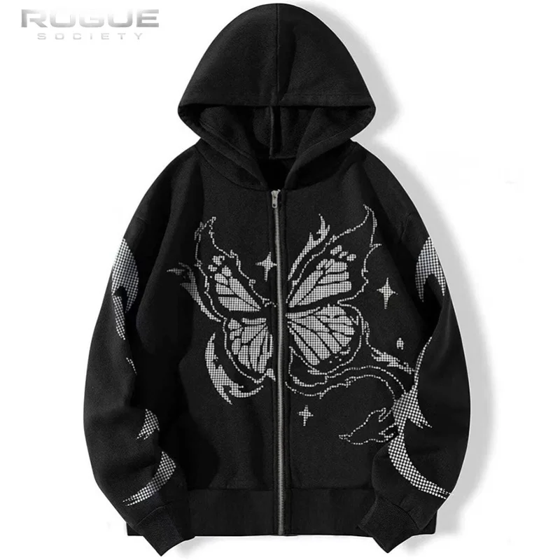 Vintage Streetwear Y2K Print Zip Hoodie Men Distressed Cropped Casual Harajuku Gothic Hip Hop High Street Sweatshirt Coat Unisex