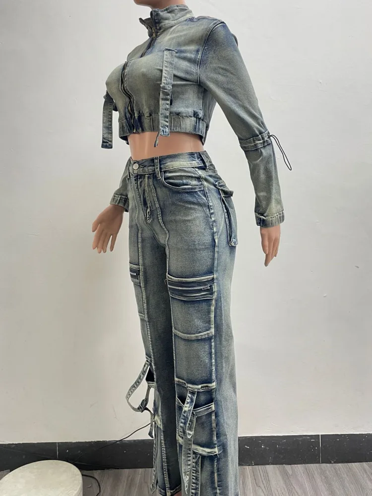 DEAT Vintage Fashion Women\'s High Elasticity Two Piece Set Zipper Short Denim Jacket Multi Pocket Casual Straight Jeans 33A2079