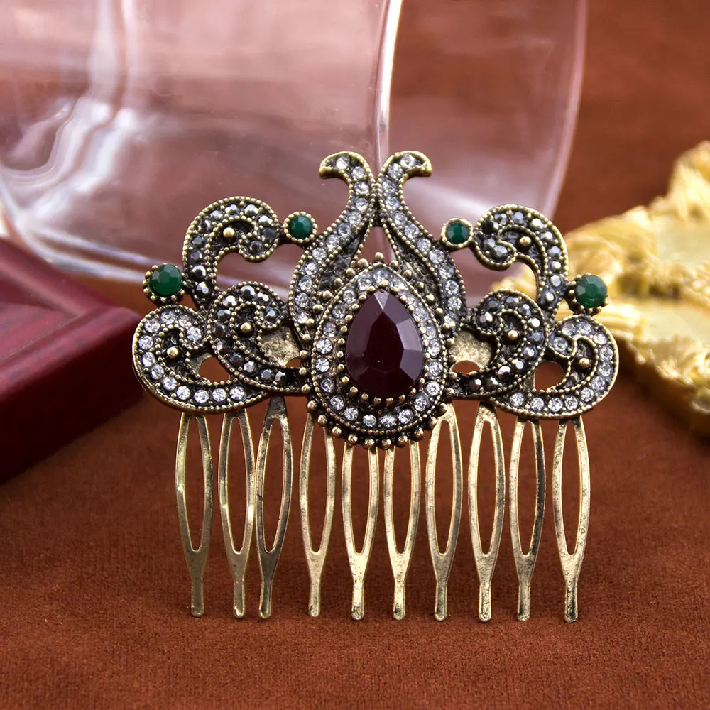Vintage-Haarkämme im Türkiye-Stil für weibliche Kopfschmuck, antike Goldfarbe, eingelegte Farbe, Harz-Schmuck im Ethno-Stil