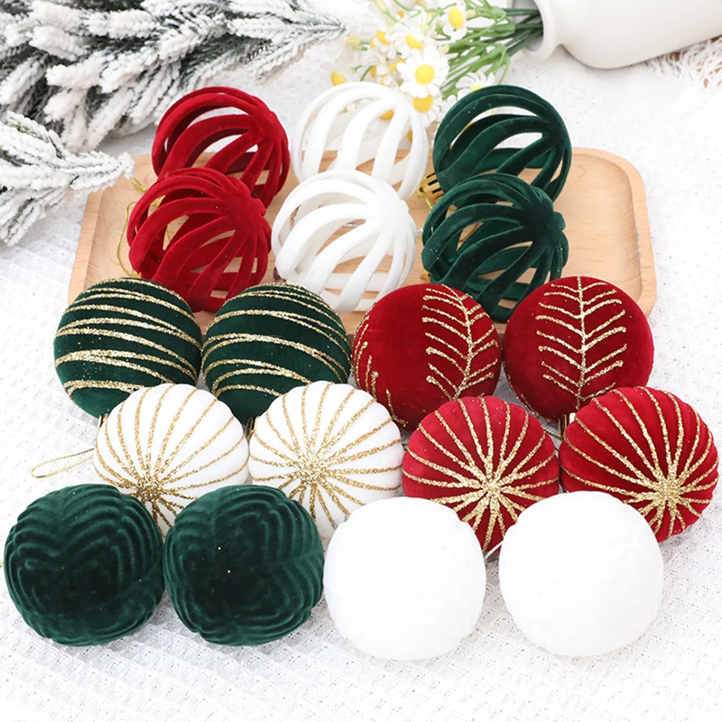 6pcs Red Christmas Ball Ornaments Green White Xmas Tree Hanging Flocking Spheres Pendant For Home New Year Navidad Party Decor