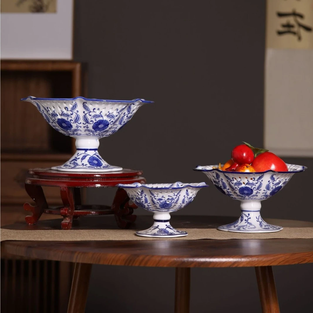 Chinese-style Retro Blue-and-white Porcelain Fruit Tray High-legged Candy Bowl Desktop Storage Container Kitchen Organizer