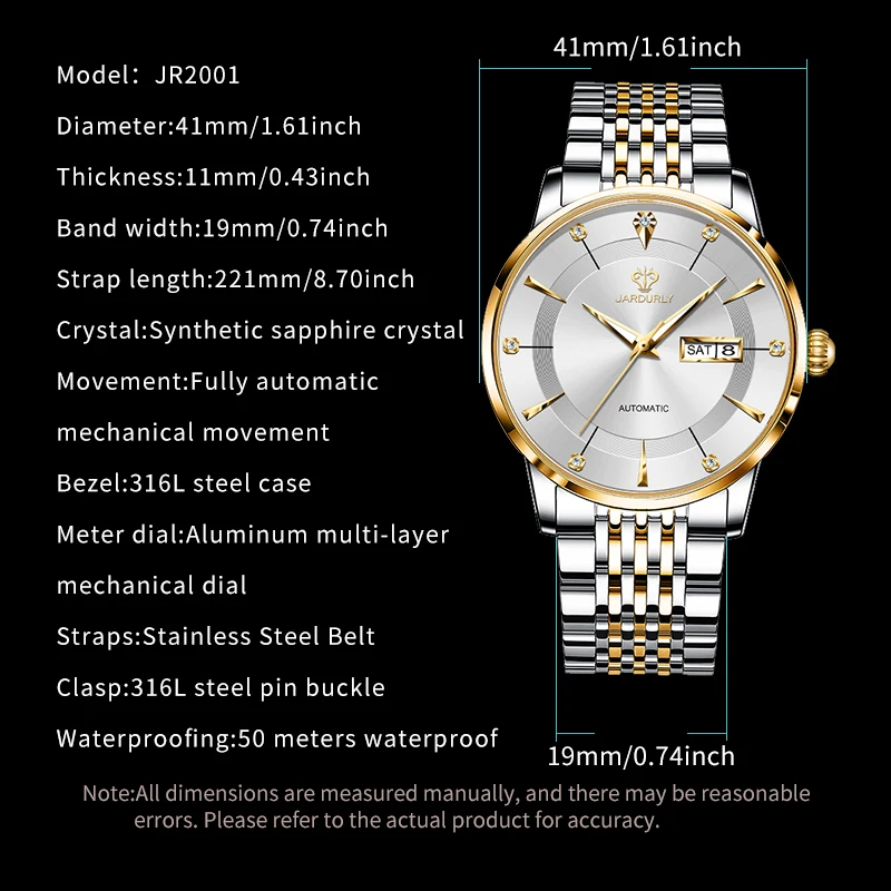 JADURLY Men Women Luxury Watch Automatic Mechanical Luxury Stainless Steel Strap Waterproof Luminous Calendar Couple Wristwatch