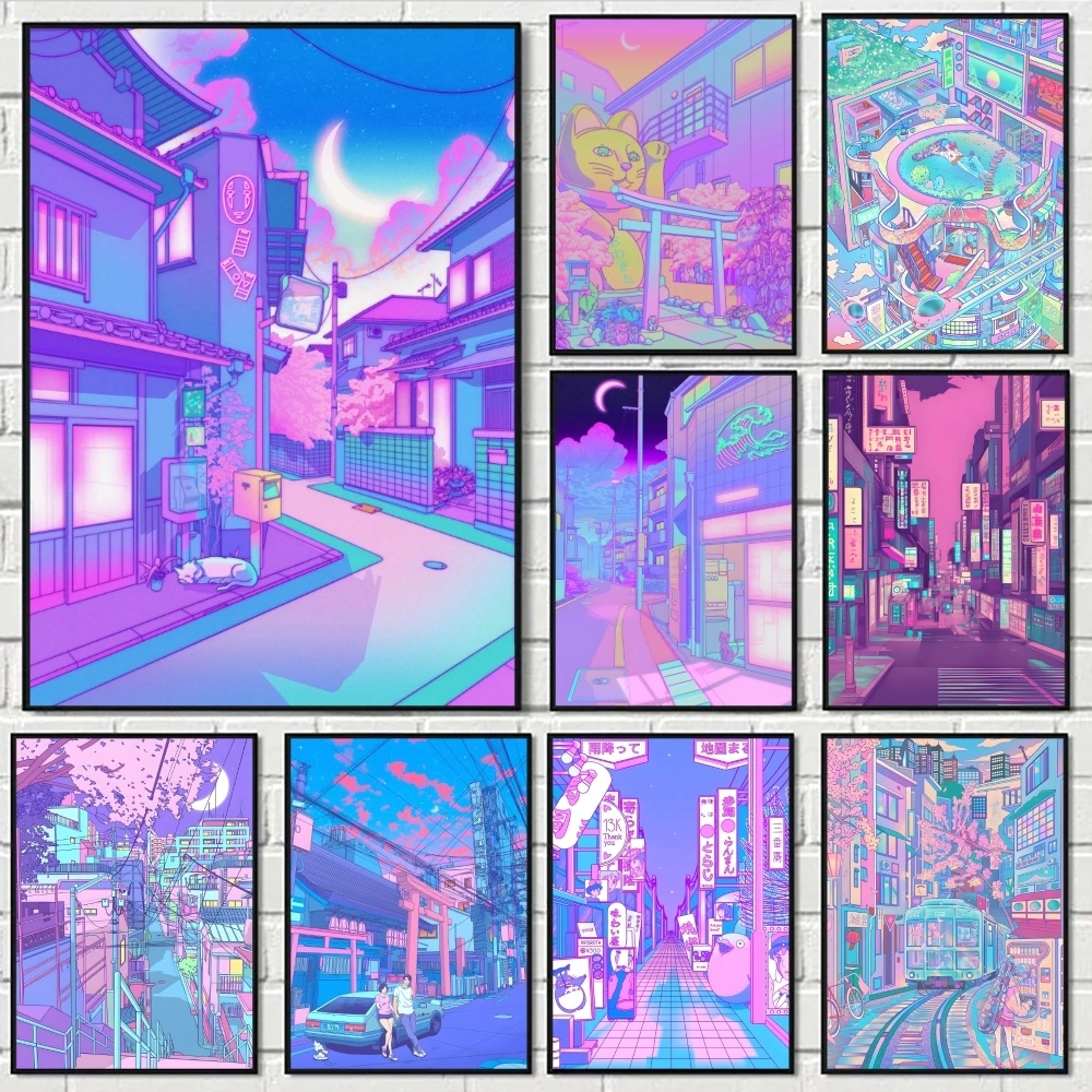 80S Neon City Street Poster Perfect Space Sticker Self Adhesive for Office Home Theater Wall Art Decor Fancy Gift