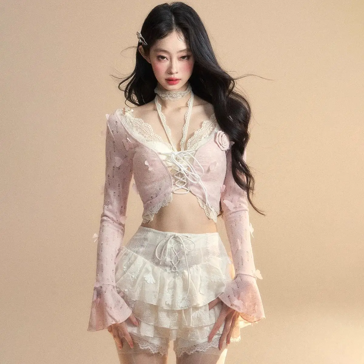 

Новые милые весенне-осенние наряды, женские кружевные топы с длинными рукавами, мини-юбка в японском стиле Y2k Harajuku, сексуальные тонкие комплекты, модные комплекты из 2 предметов