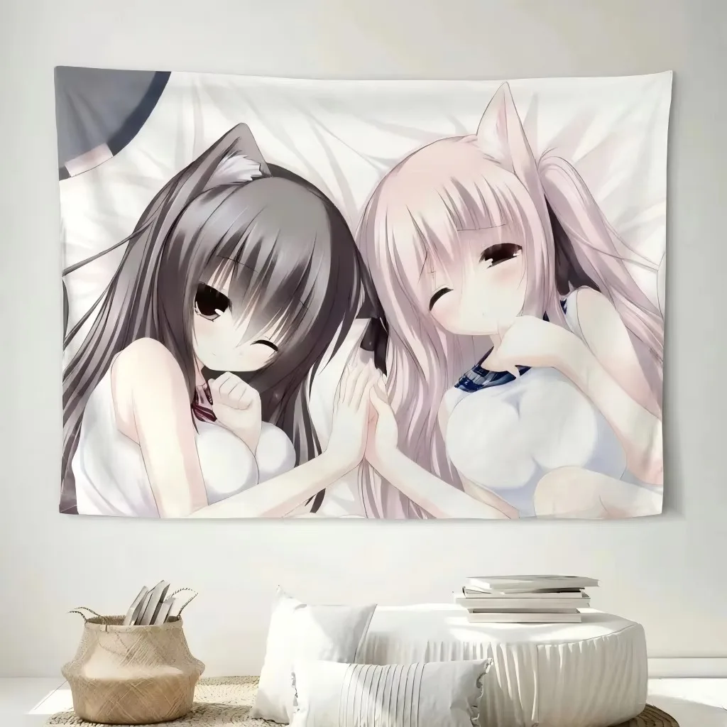 Black White Cat Ears Nekomimi Tapestry, Kawaii Anime Girl Wall Hanging Aesthetic Decor for Bedroom Dorm Living Room
