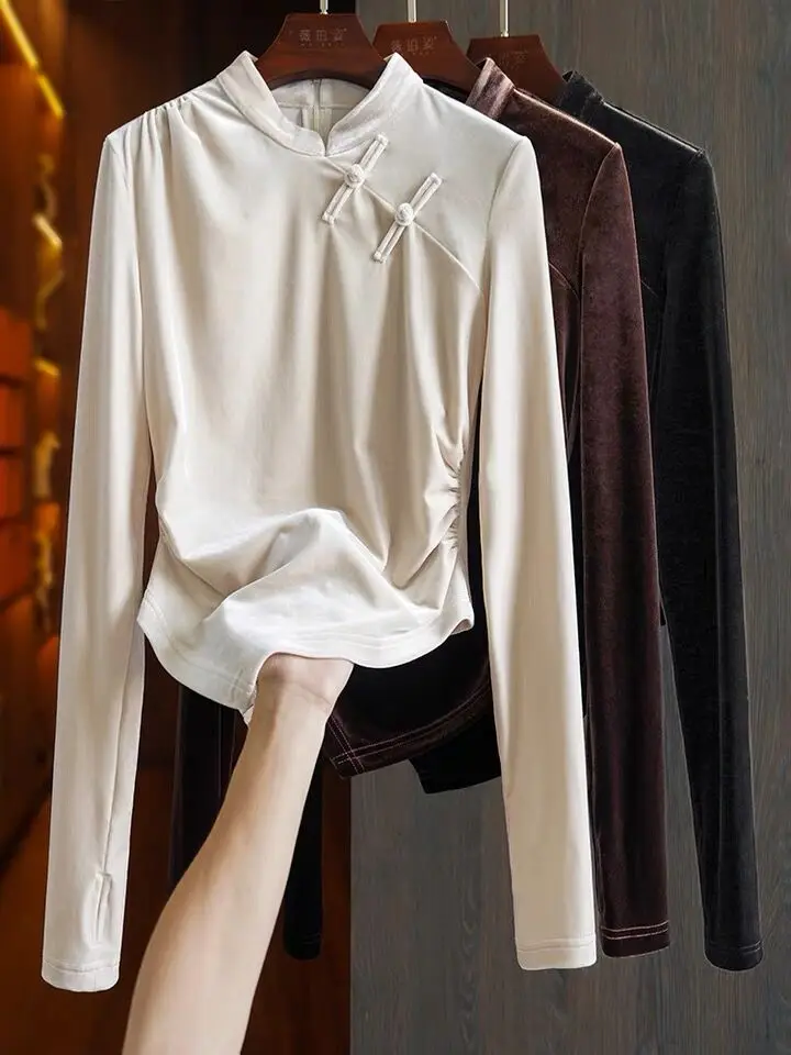 New Spring Autunm velour blouse large Size tops 7XL 8XL Chinese Elegant Vintage Stand Collar Irregular Gold Velvet shirts