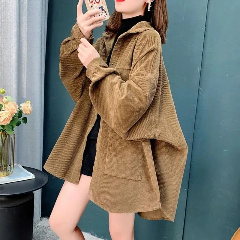 

Oversized Loose Coat Mid-length Women 2023 Casual Jacket Spring Korean Corduroy Shirt Windbreaker Outwear Female Long Sleeve Top