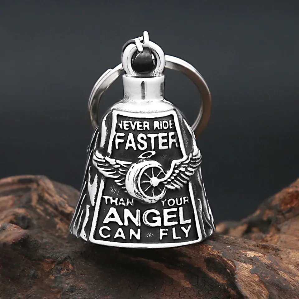 New Fashion Motorcycle Bike Bell Angel Wing Wheel Keychains For Men 316L Stainless Steel Punk Rock Jewelry Lucky Gifts Wholesale