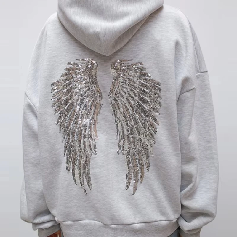 Women's Shinny Sequin Angel Wings Hooded Jacket Pant Long Sleeve Loose Casual Hooded Pullover 2026 New Lady Y2K Autumn Outwears