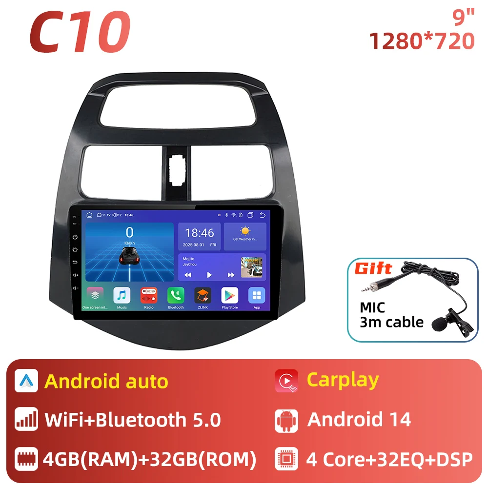 Auto radio voor Chevrolet Spark 2010 - 2014, multimediaspeler, Android Auto, GPS navigatie, head unit, stereo, 2 DIN, 4G