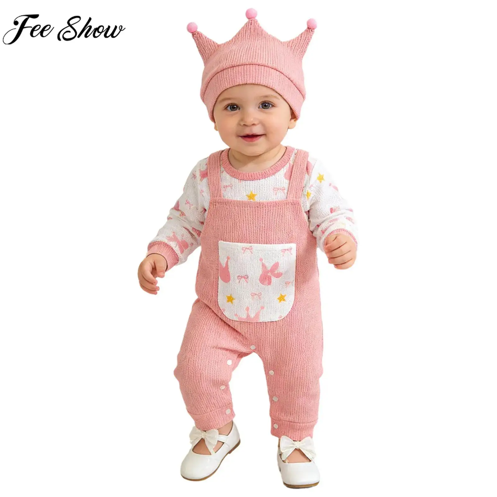 

Детский весенне-осенний повседневный комплект: комбинезон с длинным рукавом и милым принтом, шорты на подтяжках и шапочка для дня рождения, фотосессий и повседневной носки