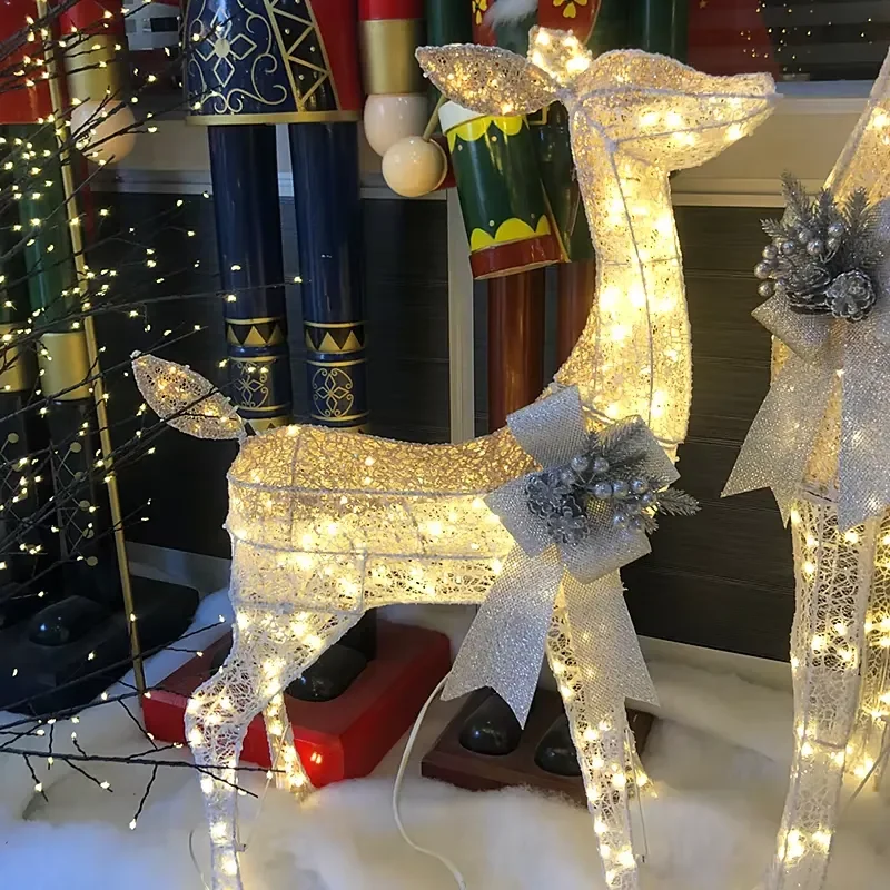 Large White Luminous Christmas Elk Family Three Deer Tree Ornaments Warm Light Up Reindeer Home Outdoor Holiday Decoration