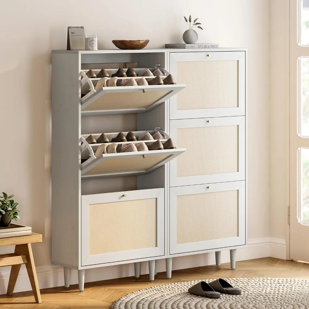 Rattan Shoe Cabinet Set of 2 Narrow Shoe Storage Cabinet with 6 Flip Drawers Hidden Freestanding Shoe Rack Organizer with Wood L