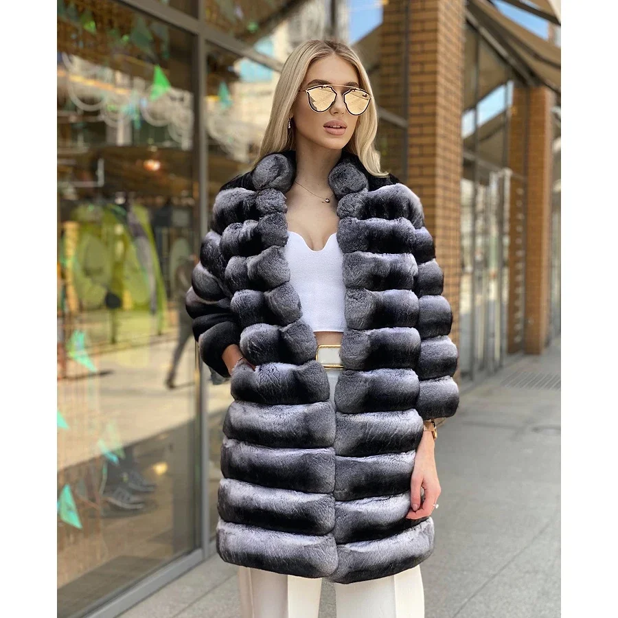معطف فرو حقيقي للنساء من فرو شينشيلا معطف فرو أرنب ريكس أصلي أفضل بائع ملابس خارجية شتوية دافئة طويلة