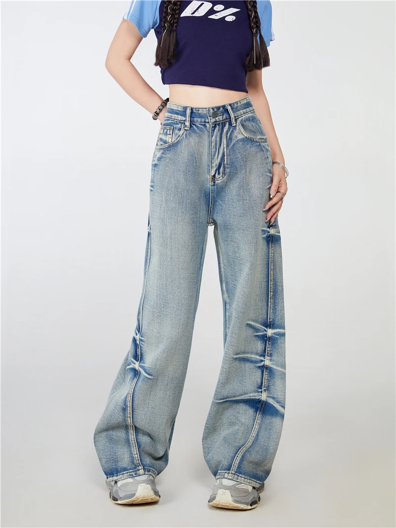 Spring Autumn American Retro Wide Leg Casual Loose Jeans Korean Fashion Women's High-waisted Vintage Female Summer Pants Waist