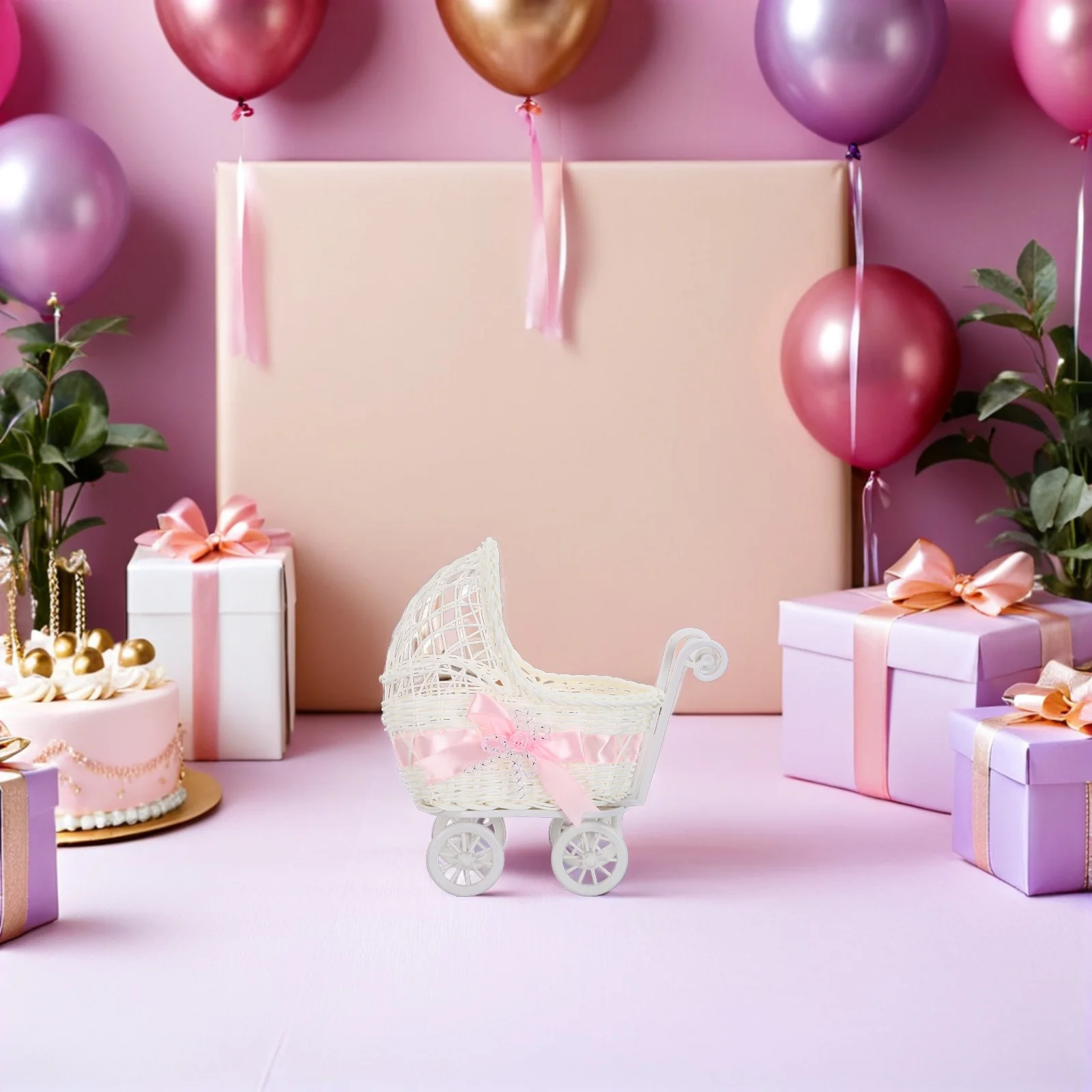 Mini Rattan Trolley Basket Decor Handwoven Snack Serving Container for Wedding Party Shower Candy Storage Centerpiece