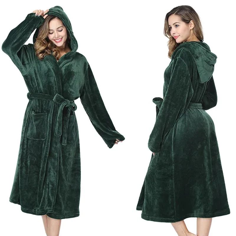 

Women Hooded Sleepwear Couple Winter New Kimono Gown Long Sleeve Nightgown Peignoir with Pocket Loungewear Warm Flannel Bathrobe