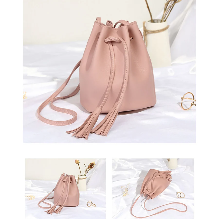 Casual women\'s drawstring tassel bucket bag female purse handbags pu leather single shoulder bag daily shopping bag sac a main