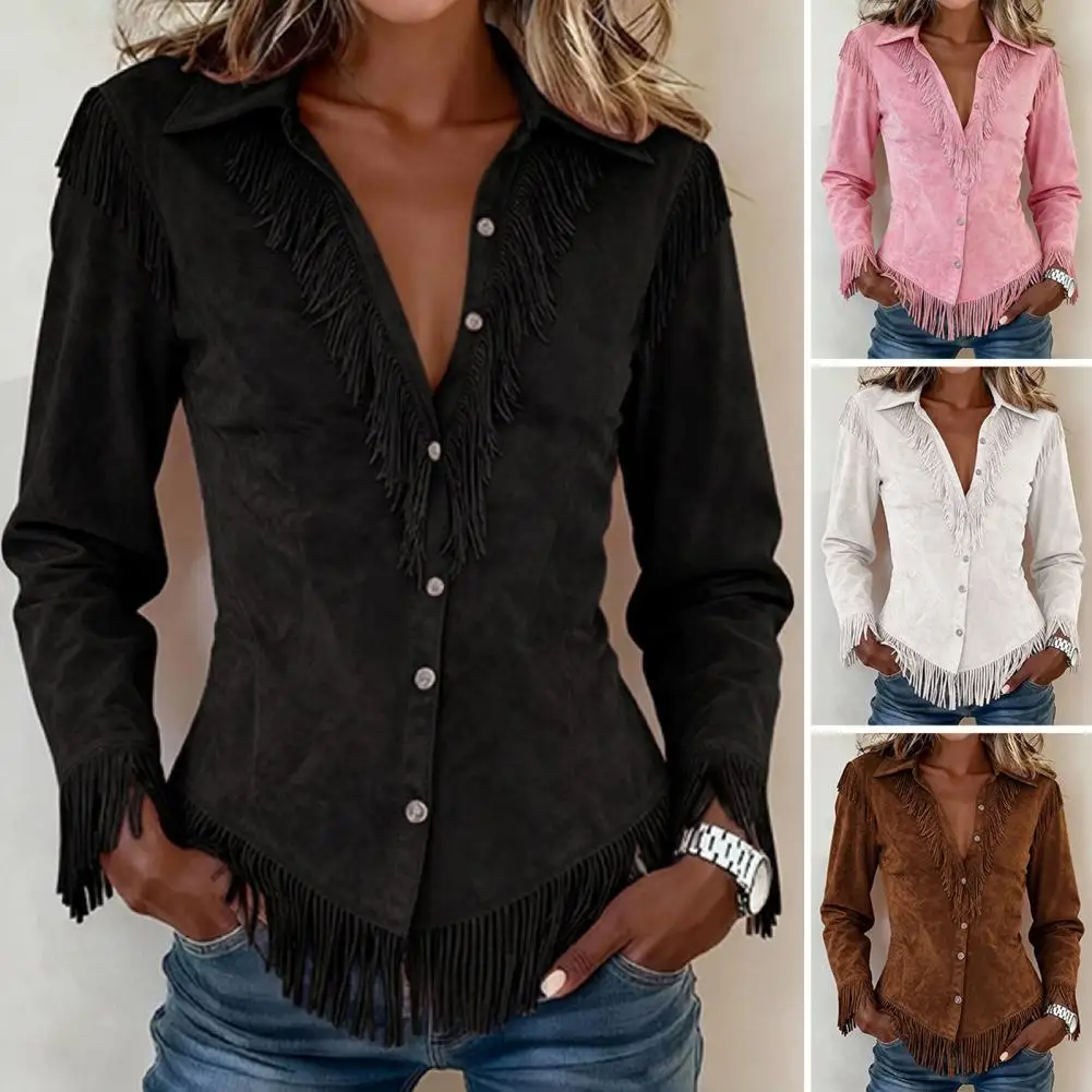 Women Shirt Breathable Polyester Shirts Women Tassel Shirt Autumn Blouse Button Down Slim Fit Fringe Top Solid Color Long Sleeve