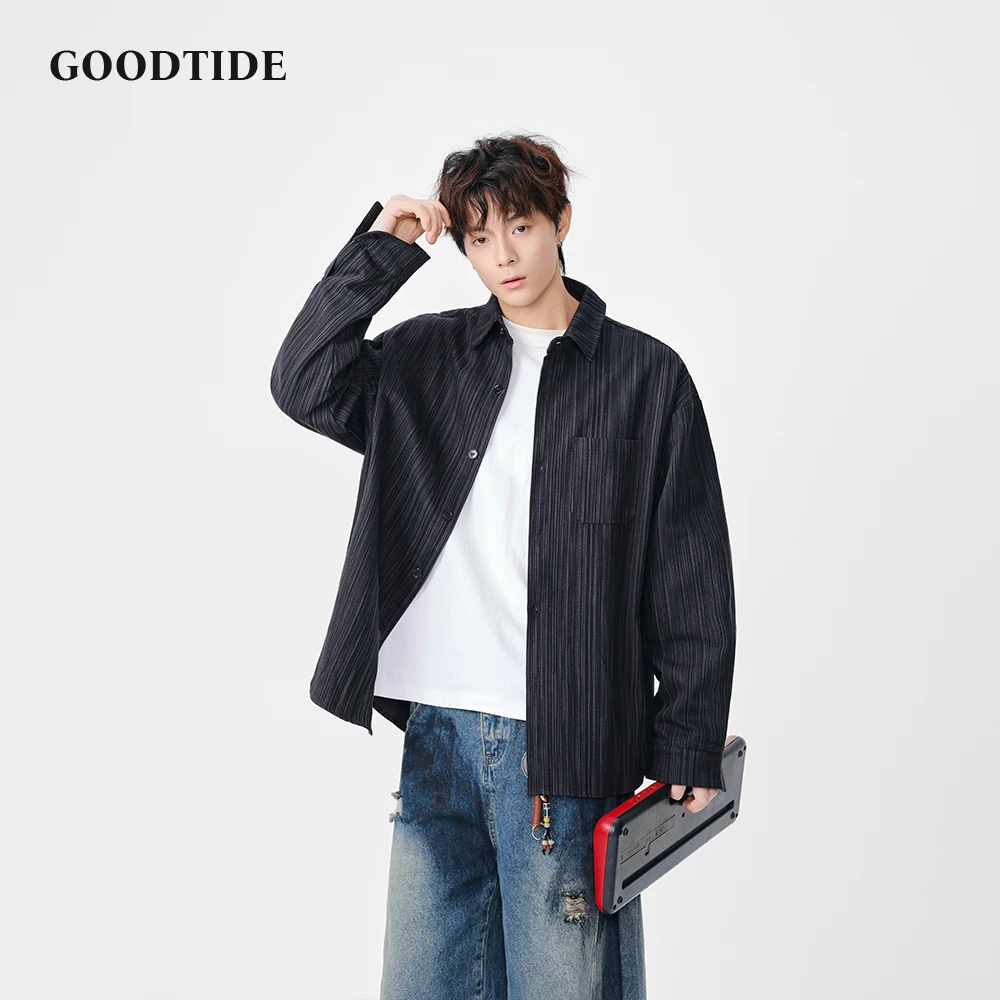 

2025 Spring Autumn Men's Casual Long Sleeve Shirt Fashion Vertical Striped Pattern Chest Pocket Design Comfortable Button Up Top