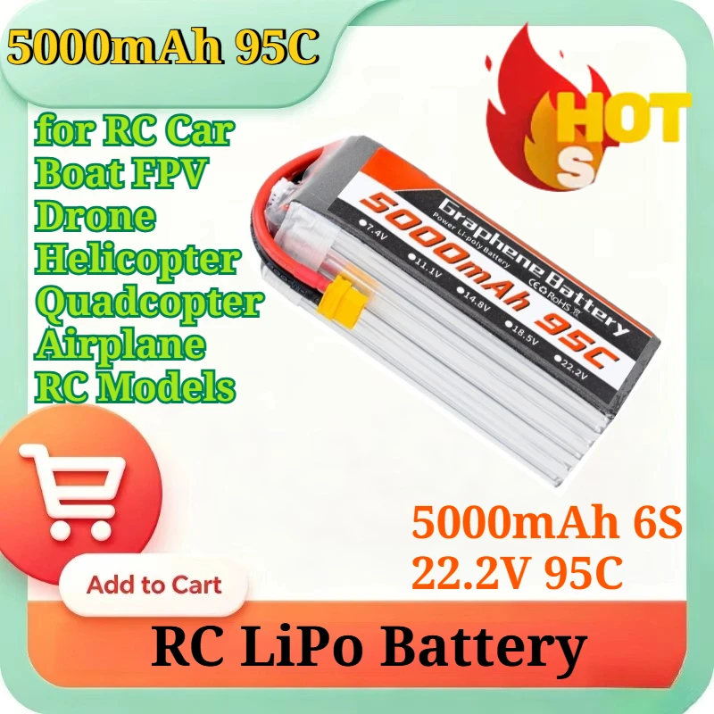 Graphene Lipo Battery 5000mAh 6S 22.2V 95C High Discharge Rate with XT60 XT90 Plug for RC Car Boat FPV Drone Helicopter Airplane