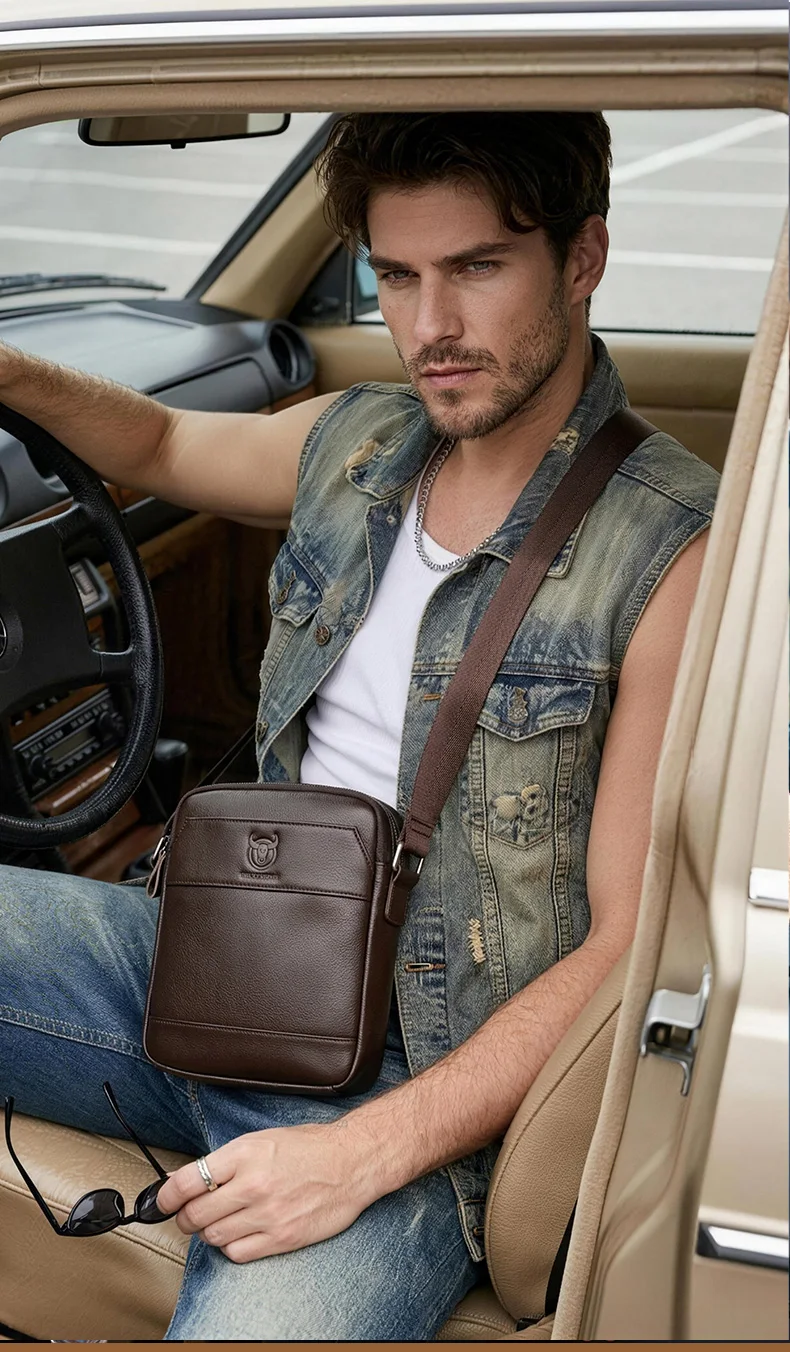 BULLCAPTAIN Herren-Umhängetasche, modische Ledertasche, trendige Retro-Herren-Umhängetasche aus hochwertigem Rindsleder. – Detail 2