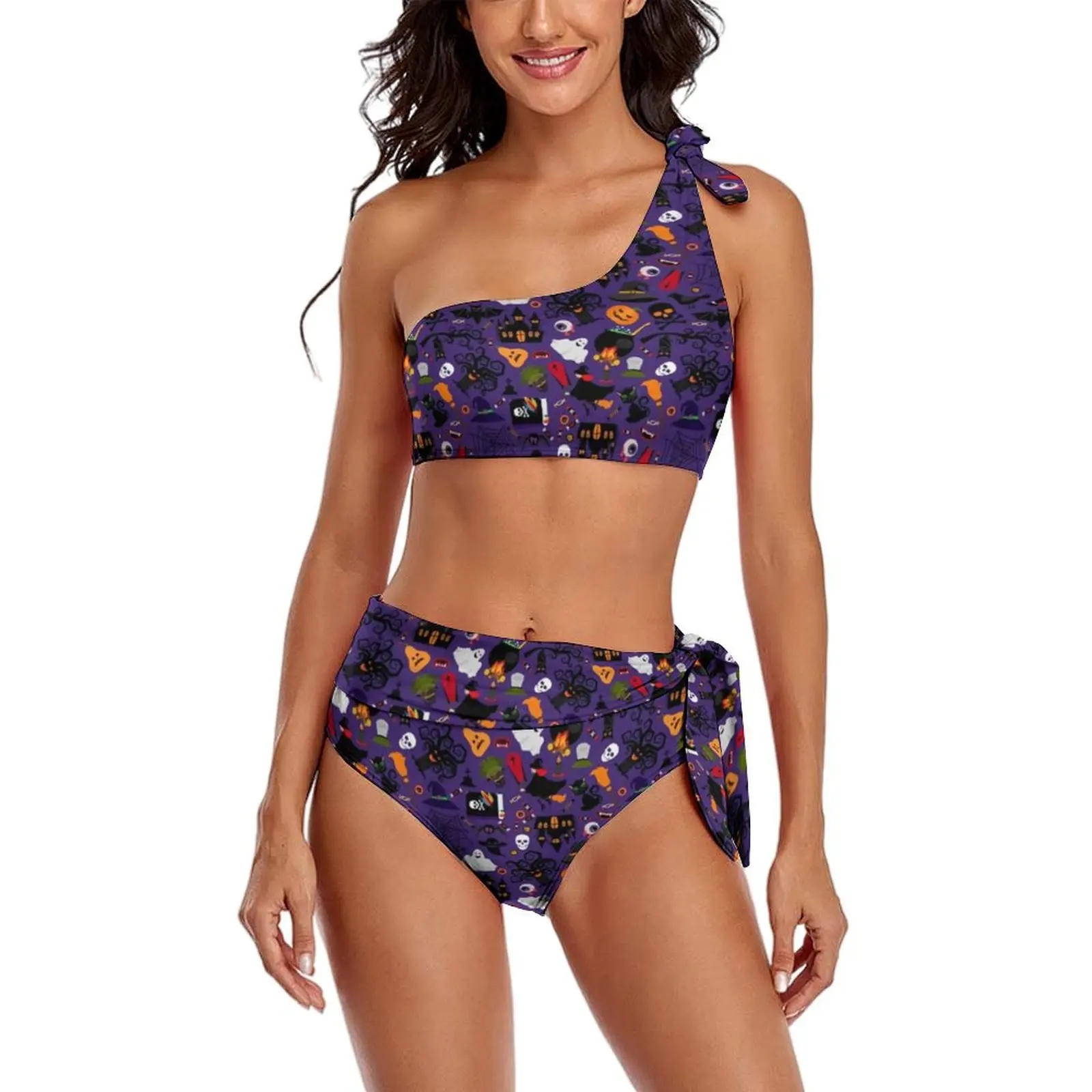 

Sexy Vintage Halloween Scary Bikinis Set Cartoon Ghots Cat Pumpkin Stylish Bikini Swimsuit High Waist Swimwear Rave Beach Wear