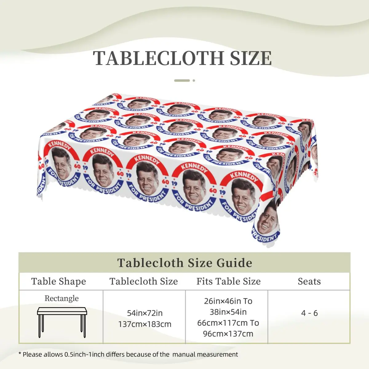John F Kennedy For President Vote In 1960 Custom Rectangular Tablecloth Waterproof Table Cover for Dining Events Table Cloth