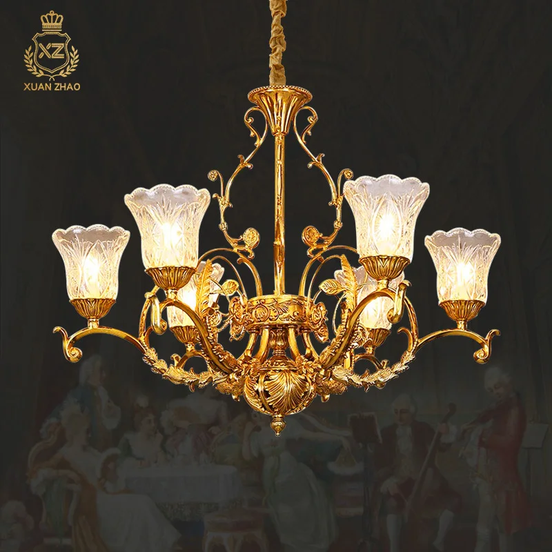 European Traditional Living Room Copper Chandelier French Rococo Home Dining Room Bedroom Brass Glass Pendant Light