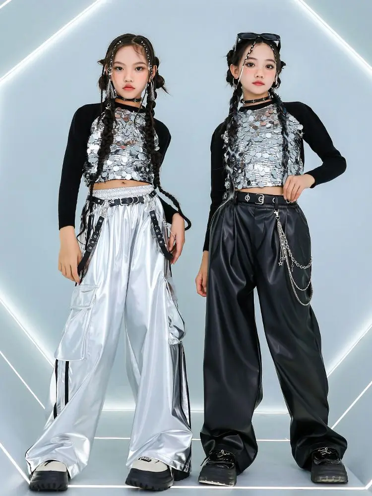 Girls Streetwear Hip Hop Jazz Sequined T-shirt Leather Pant Set Children Fashion Show Tshirt Baggy Pant Kids Costume