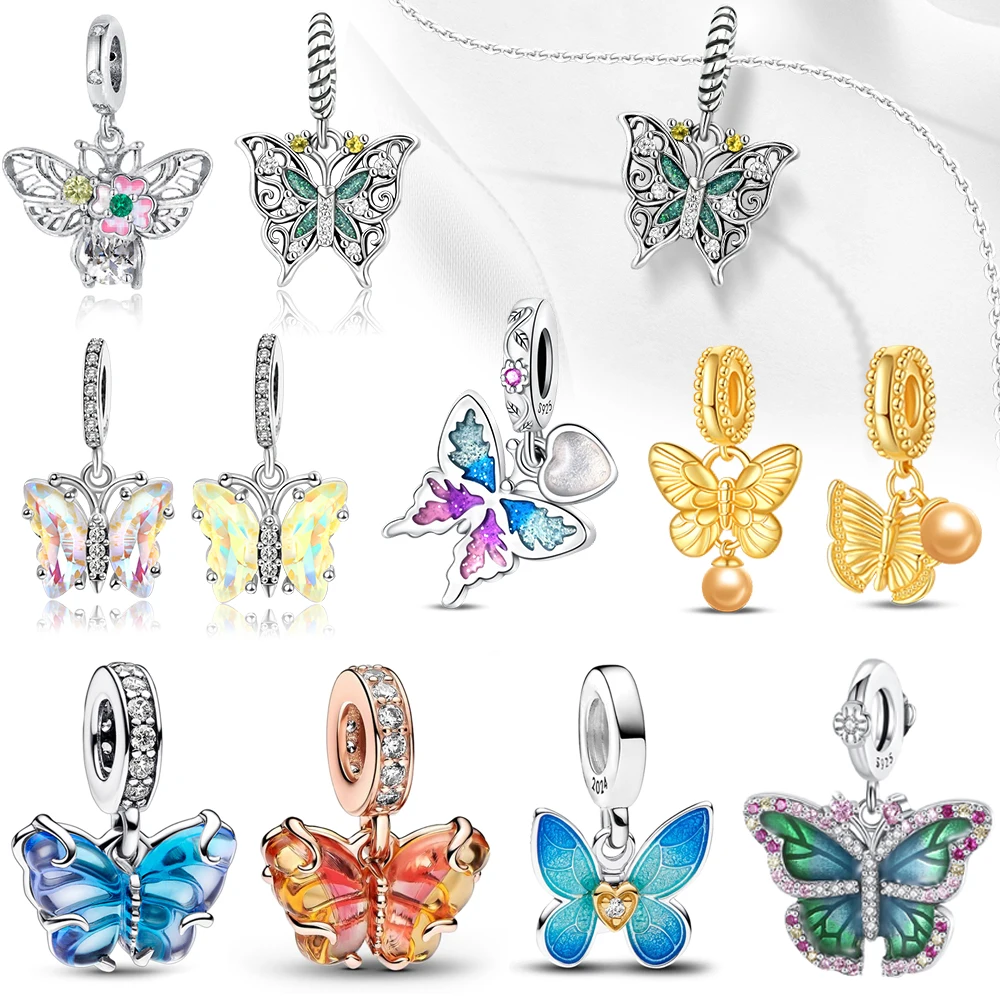 

Romantic 925 Sterling Silver Colorful Murano Glass Butterfly Dangle Charm Fits Brand Bracelet & Necklace Women Dating Jewelry