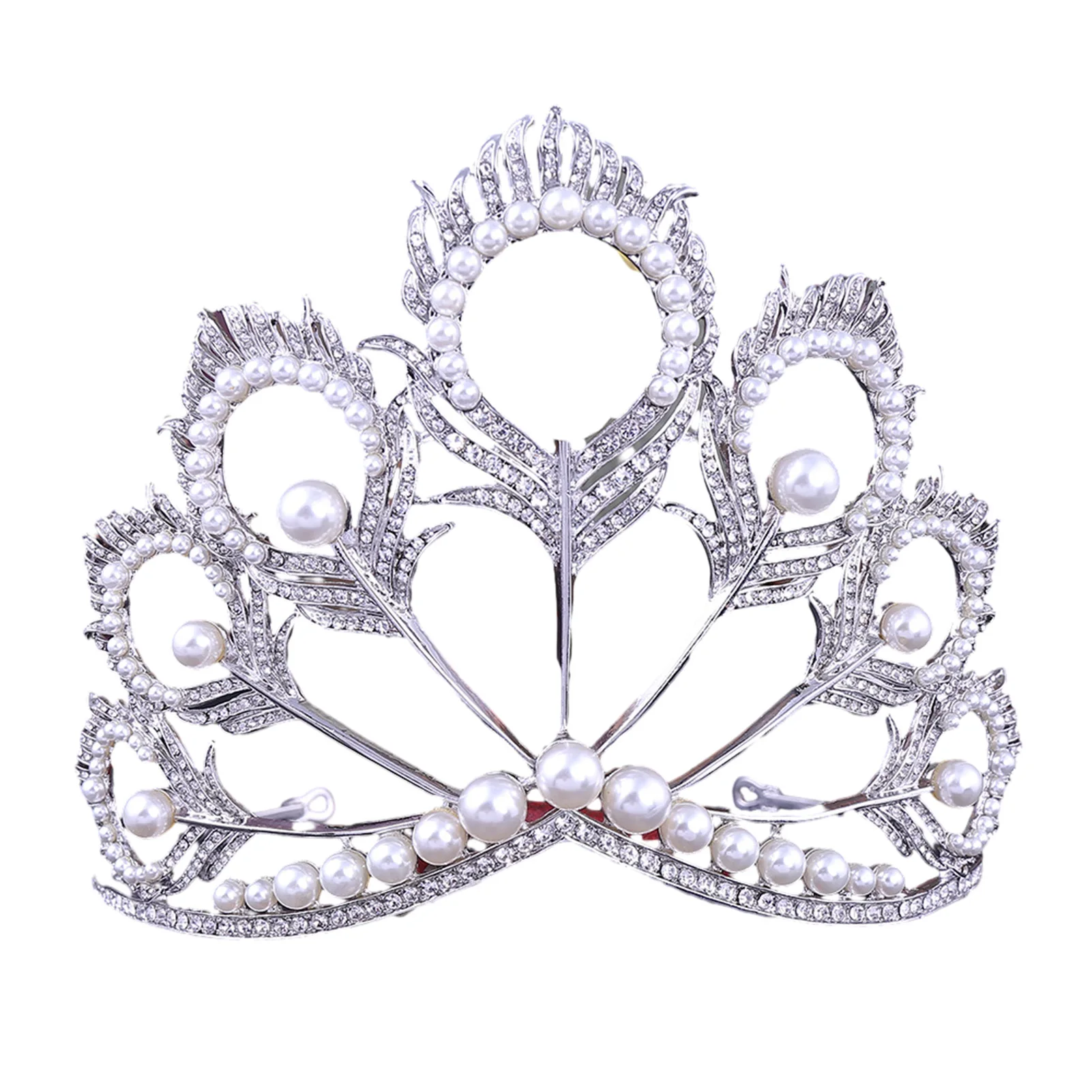 

Pearl Rhinestone Crystal Crown Peacock Feather Design Pageant Queen Crown for Wedding Dress Jewelry Gift