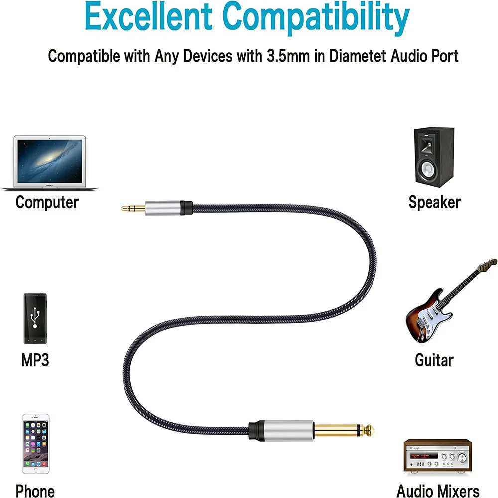 Gold-Pated 3.5mm To 6.5mm Large Three-Pole Stereo Audio Cable Male To Male Mixer Guitar Audio Cable