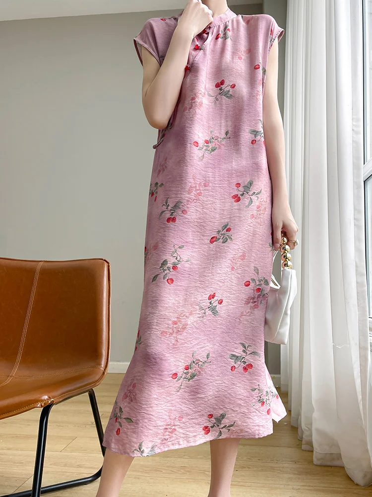 Novo chinês sle reformado dr feminino verão fino cetim impressão saia longa efeito de emagrecimento sob cerejeira