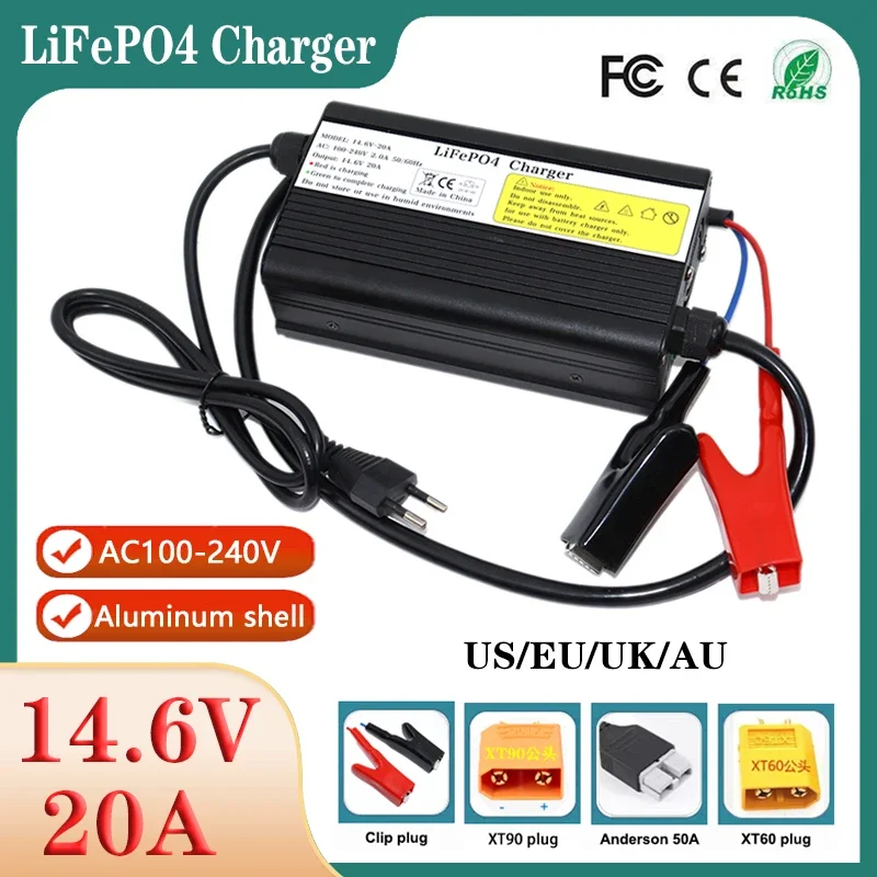 14.6V 20A LiFePO4 Battery Smart Charger AC100-240V For 4S 12V 12.8V 100A 200A 280A Lithium iron Cell Fast charging Aluminum Case