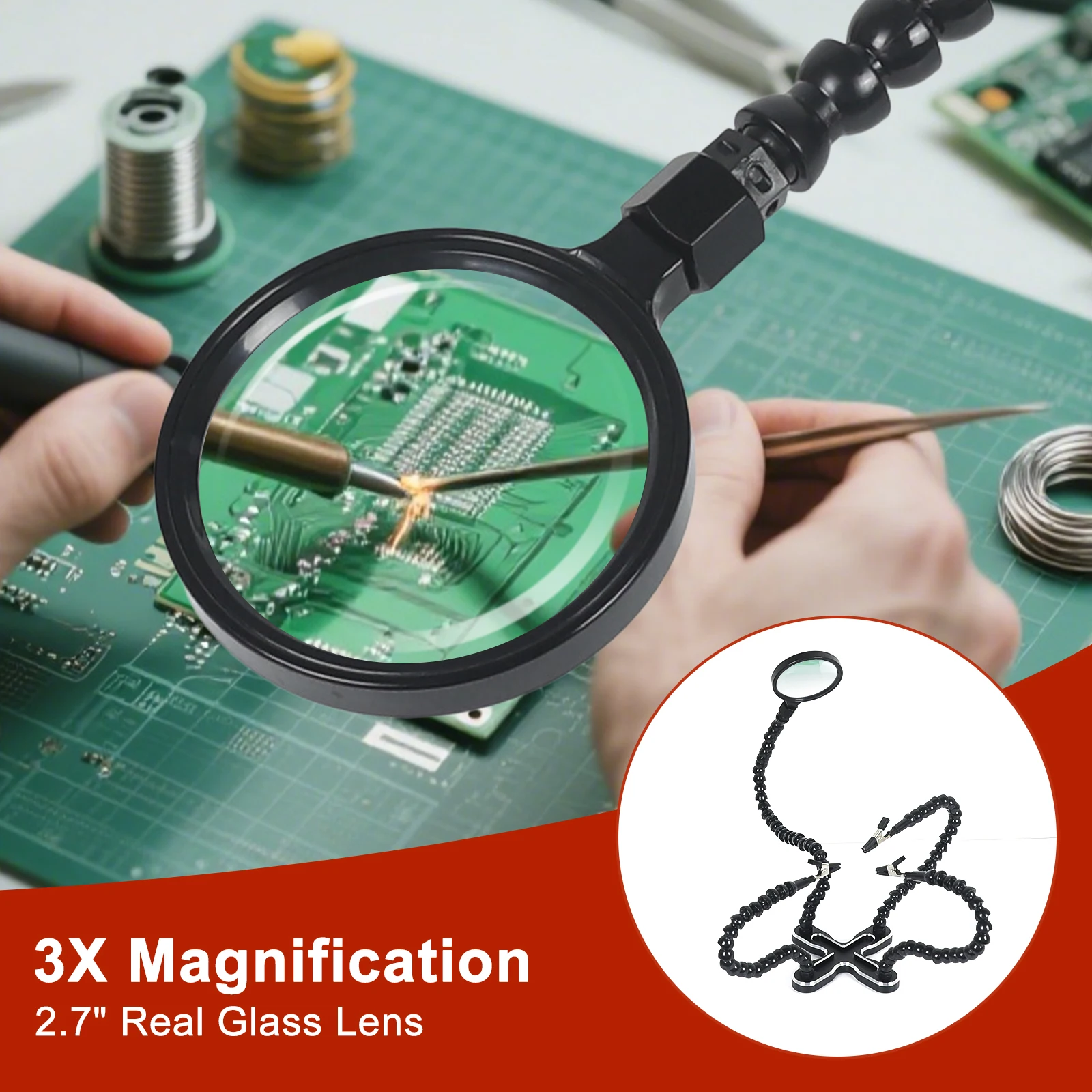 Toolour Helping Hands Soldering Tool Third Hands Solder Flexible Arms with 3X Magnifying Glass Clamping Base Welding PCB Holder