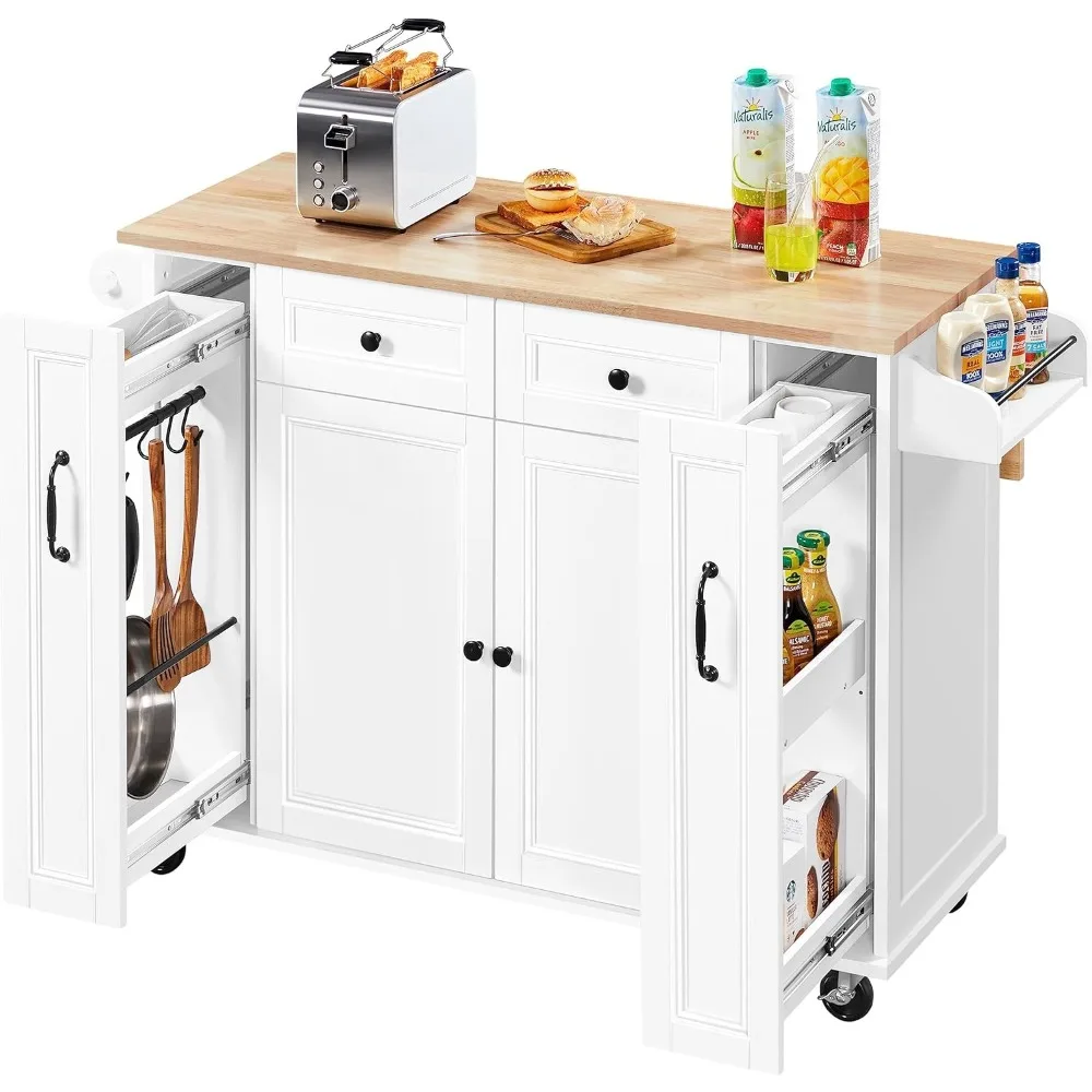 

52"W Kitchen Island with Drop-Leaf Breakfast Bar and 2 Pull-outs, Kitchen Cart on Lockable Wheels with Rubberwood Top