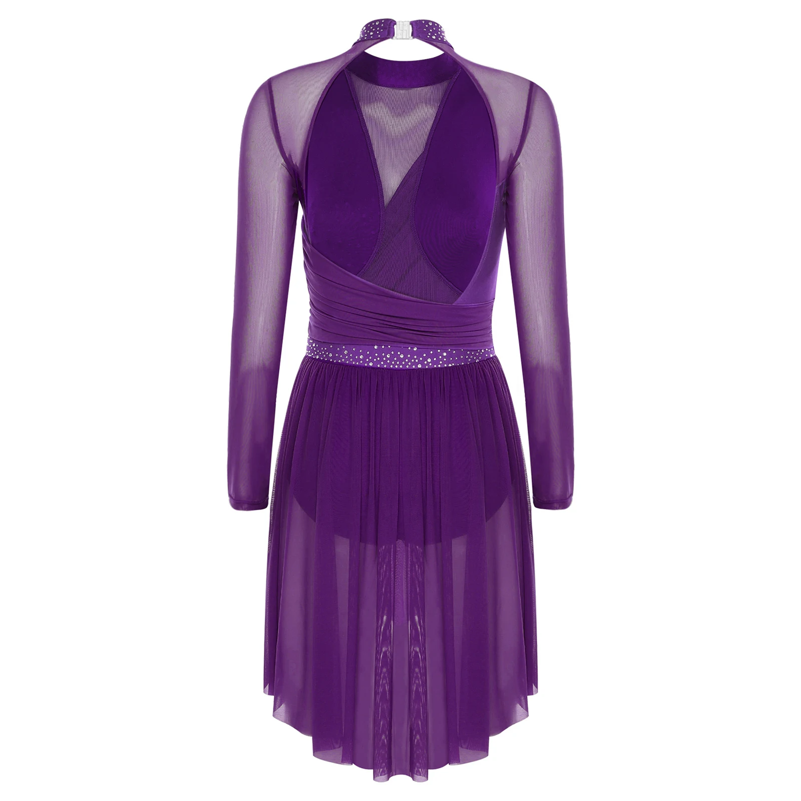 Women Modern Contemporary Dance Costume Rhinestone Long Sleeve Backless One Piece Ballet Leotard Dress Skating Lyrical Dancewear